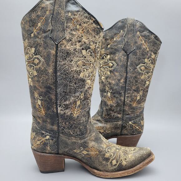 Corral Circle G Women's Black Crackle/Bone Embroidery Snip Toe Leather Boots 9M - Picture 4 of 16